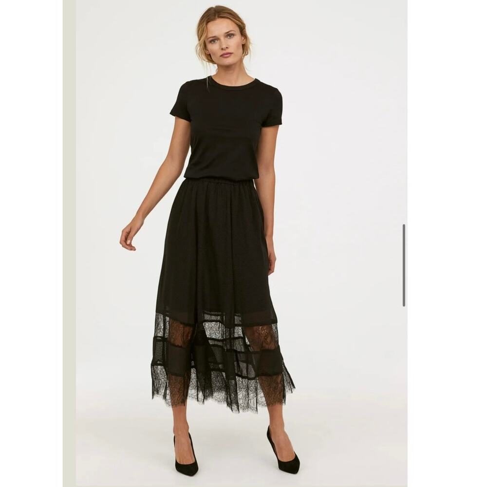 H&M Lace Panel Black Maxi Skirt size 6 NWT